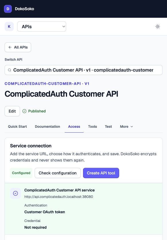 DokoSoko API Access page with configured customer OAuth service connection