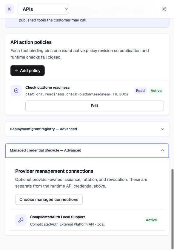 DokoSoko advanced API Access section with active action policy and managed ComplicatedAuth provider connection