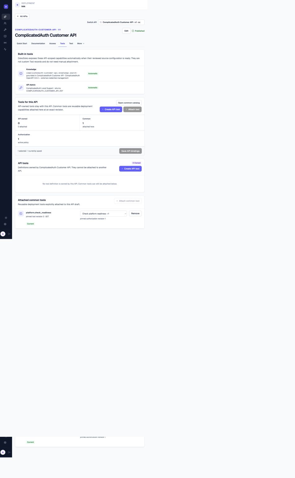 DokoSoko API tools page showing automatic Knowledge and API Admin capabilities plus an attached common readiness tool