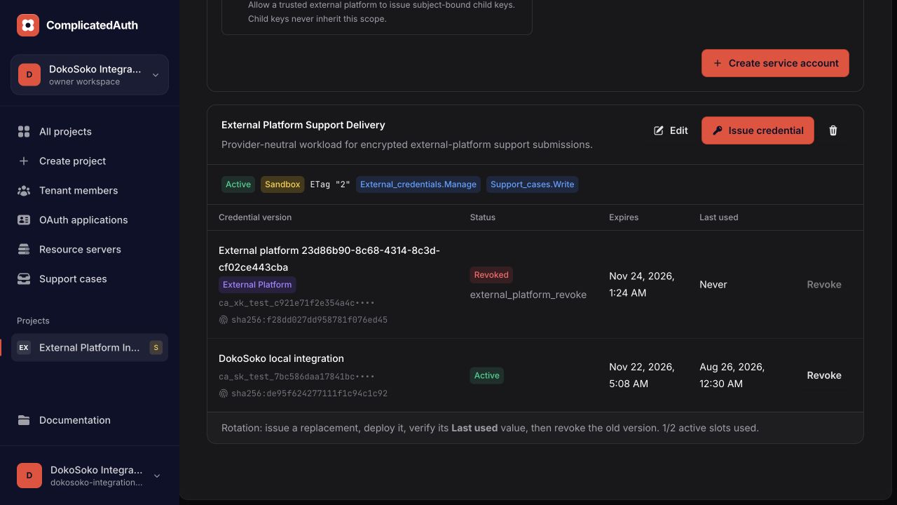 ComplicatedAuth service account showing active provider credential and revoked subject-bound external credential metadata with masked values