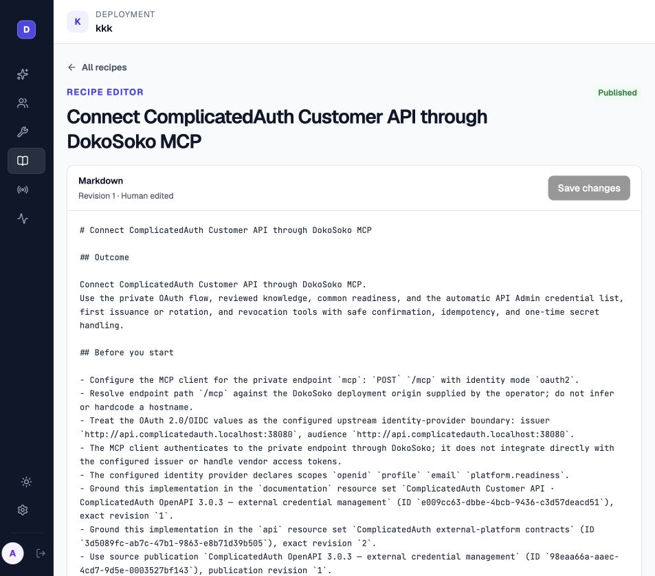 DokoSoko published recipe for connecting ComplicatedAuth Customer API through private MCP