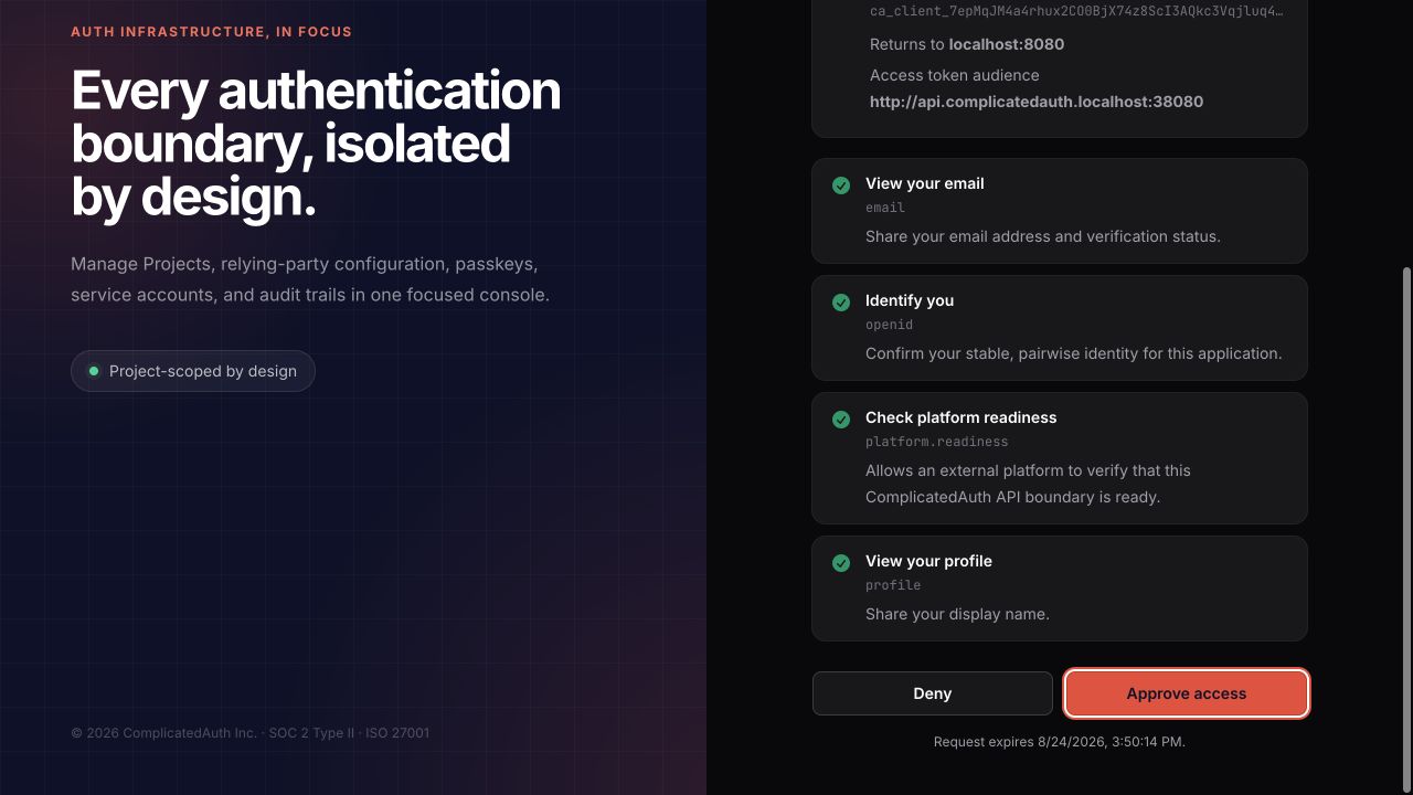 ComplicatedAuth OAuth consent showing the requested platform.readiness capability and Approve access action