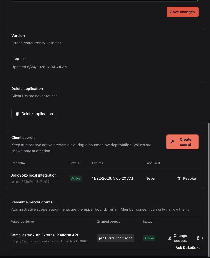 ComplicatedAuth confidential OAuth application granted only platform.readiness for the external-platform resource server
