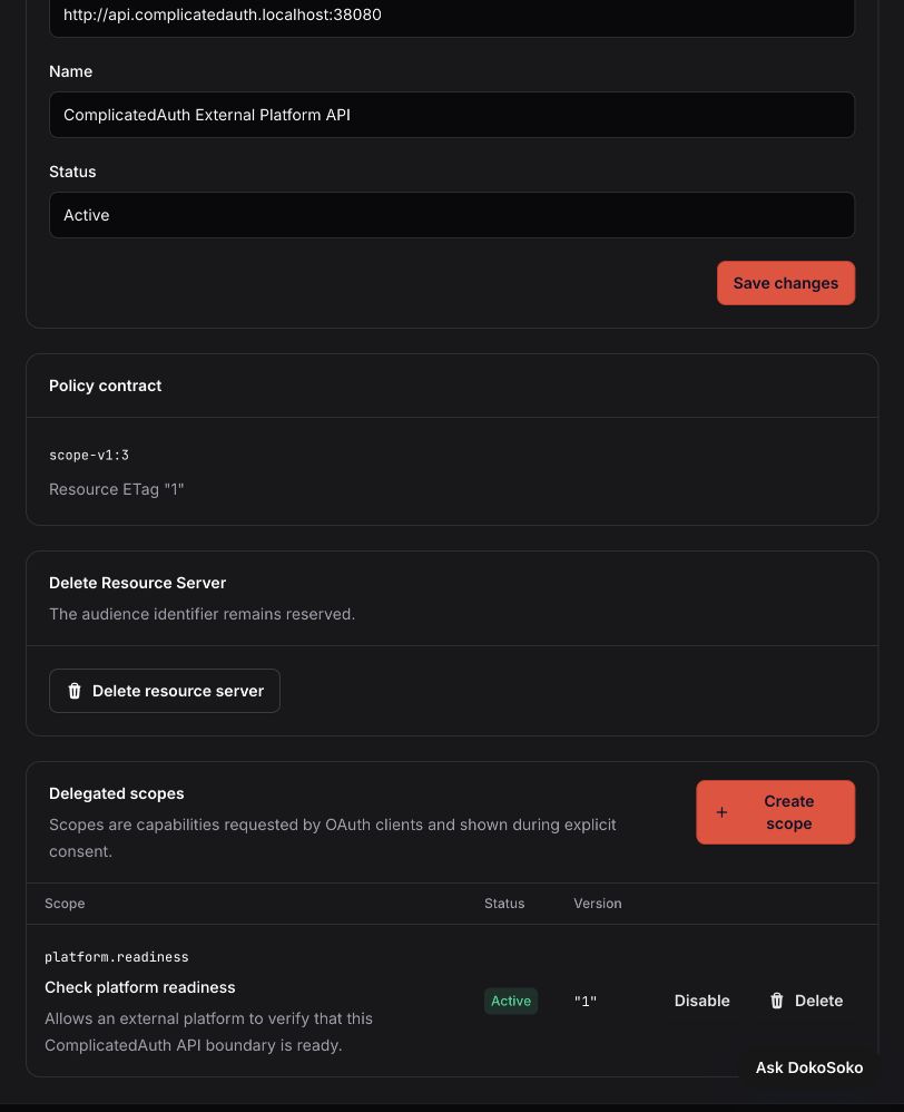 ComplicatedAuth exact API audience with the active platform.readiness delegated scope