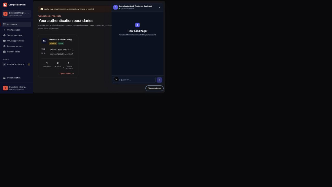 Authenticated ComplicatedAuth console with the DokoSoko Customer Assistant securely connected