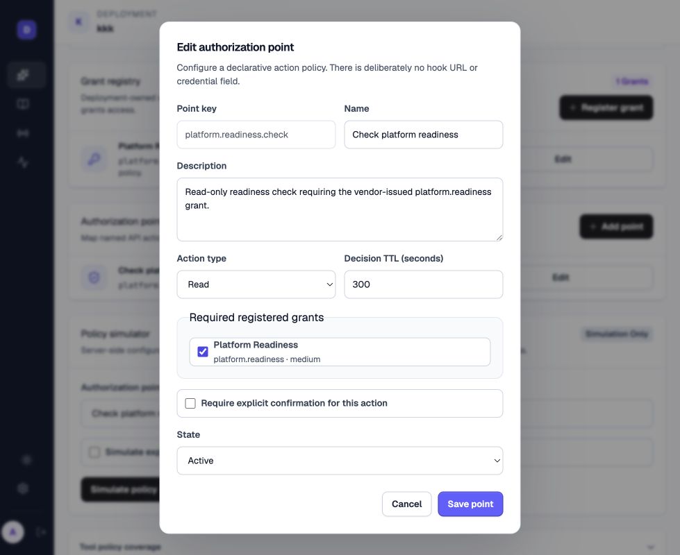 DokoSoko authorization point editor for platform.readiness.check