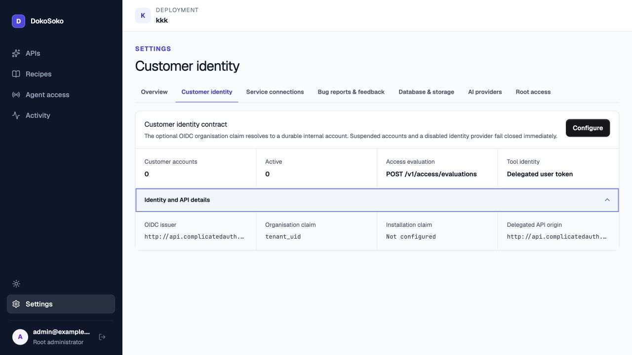 DokoSoko customer identity contract using ComplicatedAuth issuer, tenant_uid, no installation claim, and delegated API origin
