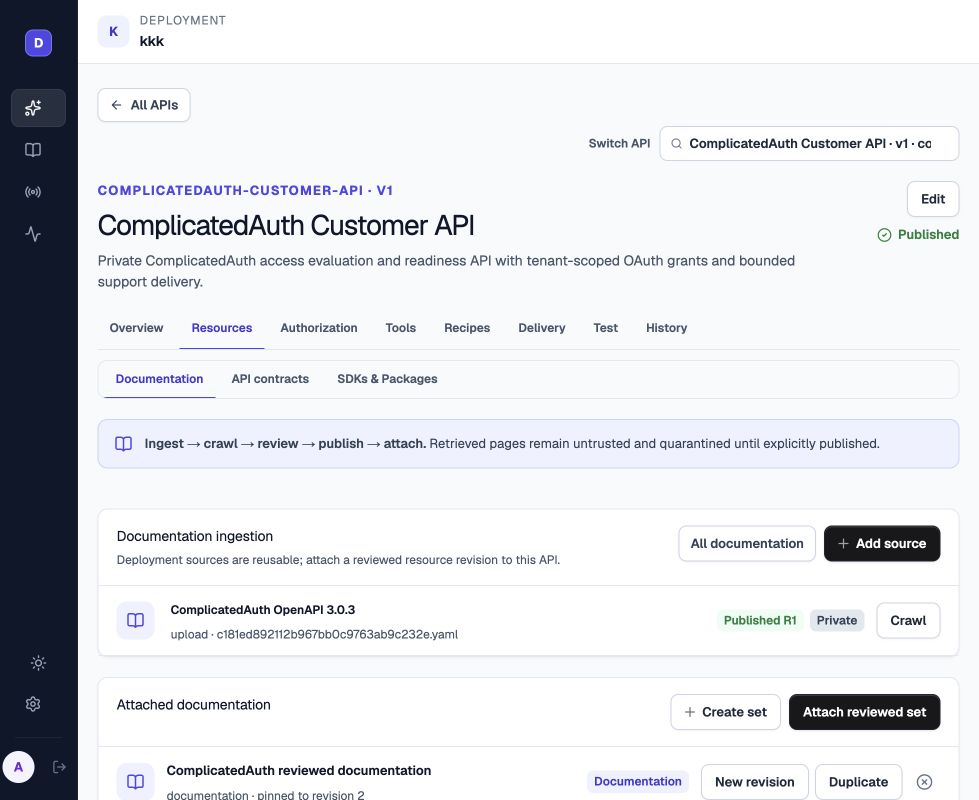 DokoSoko documentation ingestion showing a privately published ComplicatedAuth OpenAPI source and attached reviewed documentation revision