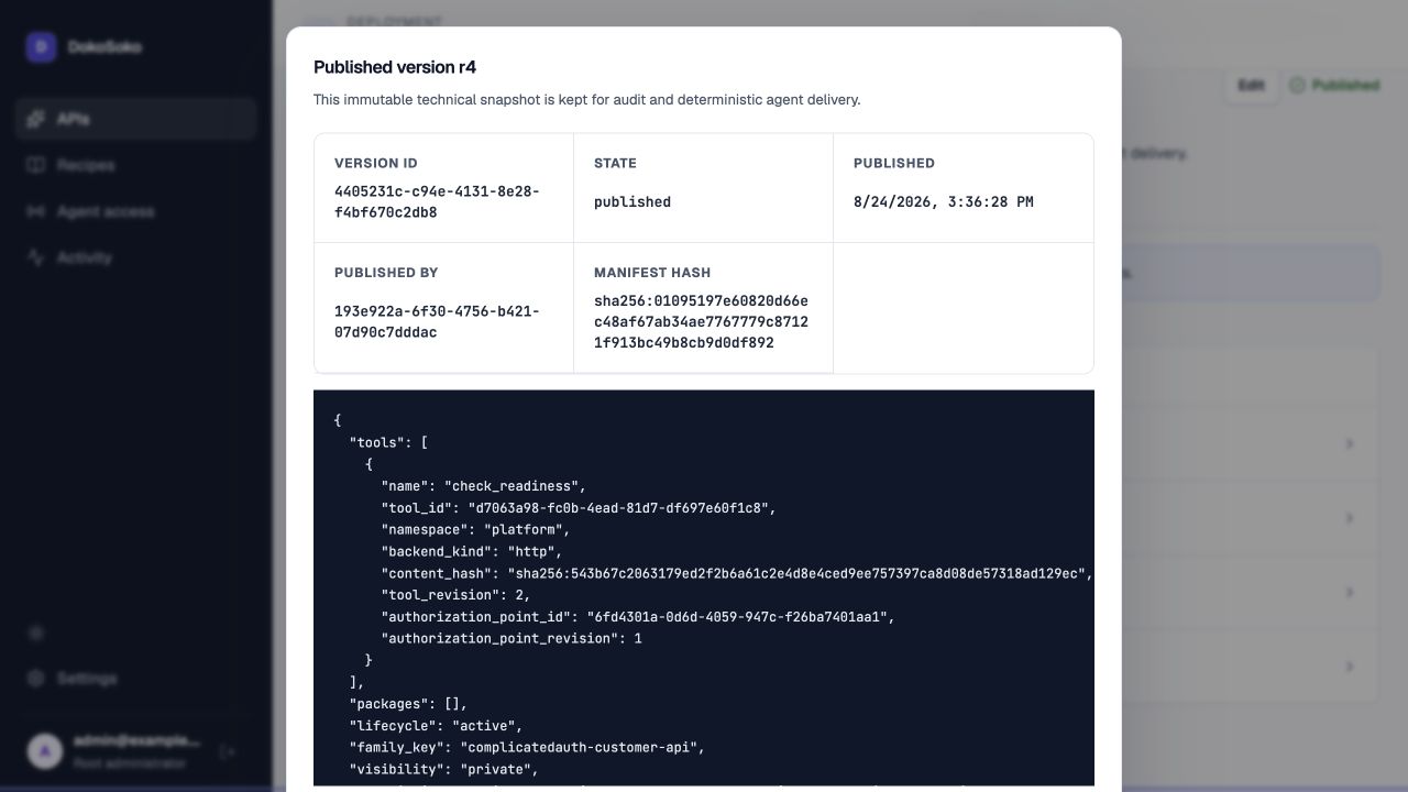 DokoSoko immutable Integration revision 4 showing its manifest hash and exact tool authorization identifiers