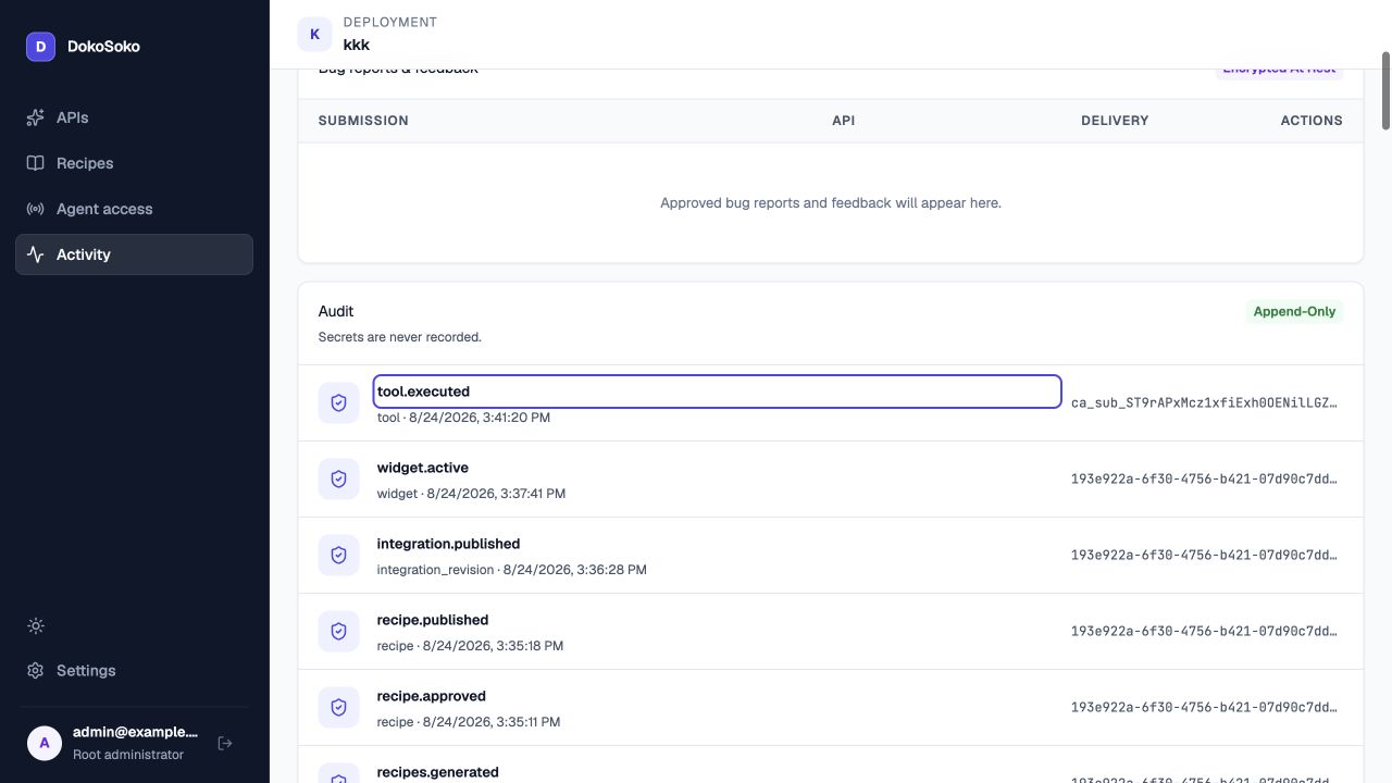 DokoSoko append-only activity showing tool executed after recipe, Integration, and widget publication events