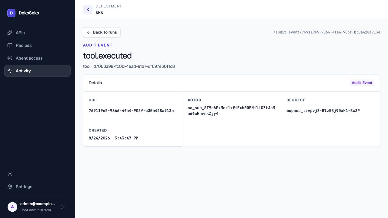 DokoSoko audit-event detail for the standalone MCP platform.check_readiness tool execution