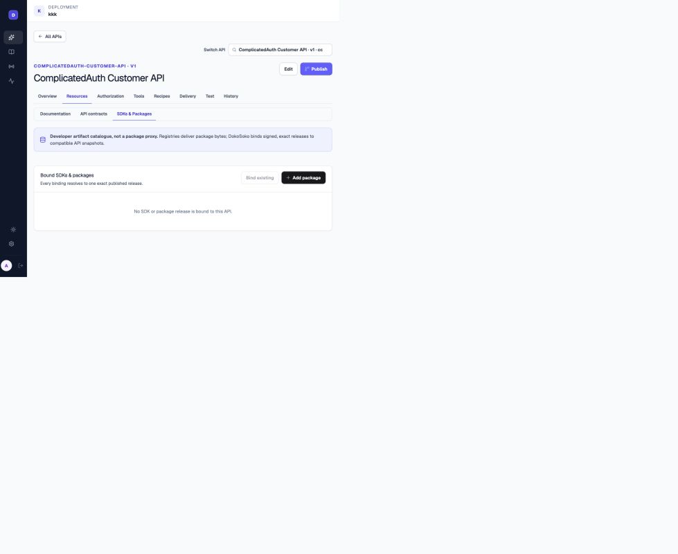 DokoSoko SDKs and Packages sub-tab showing no package release bound to the ComplicatedAuth Customer API