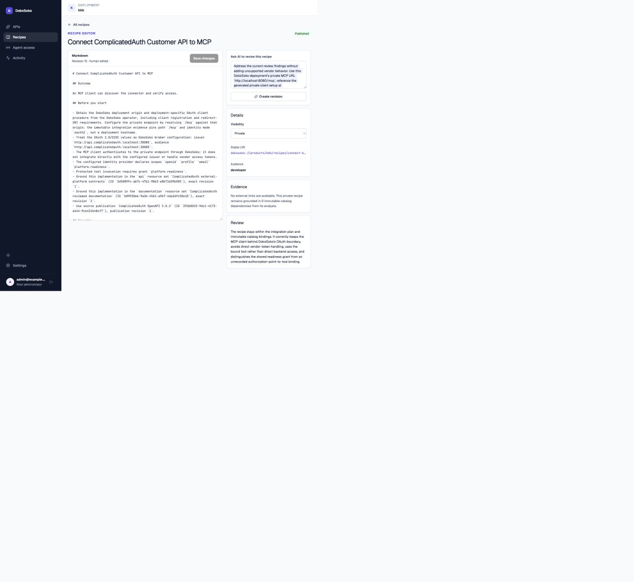 DokoSoko recipe editor showing the ComplicatedAuth Private MCP recipe published at revision 15
