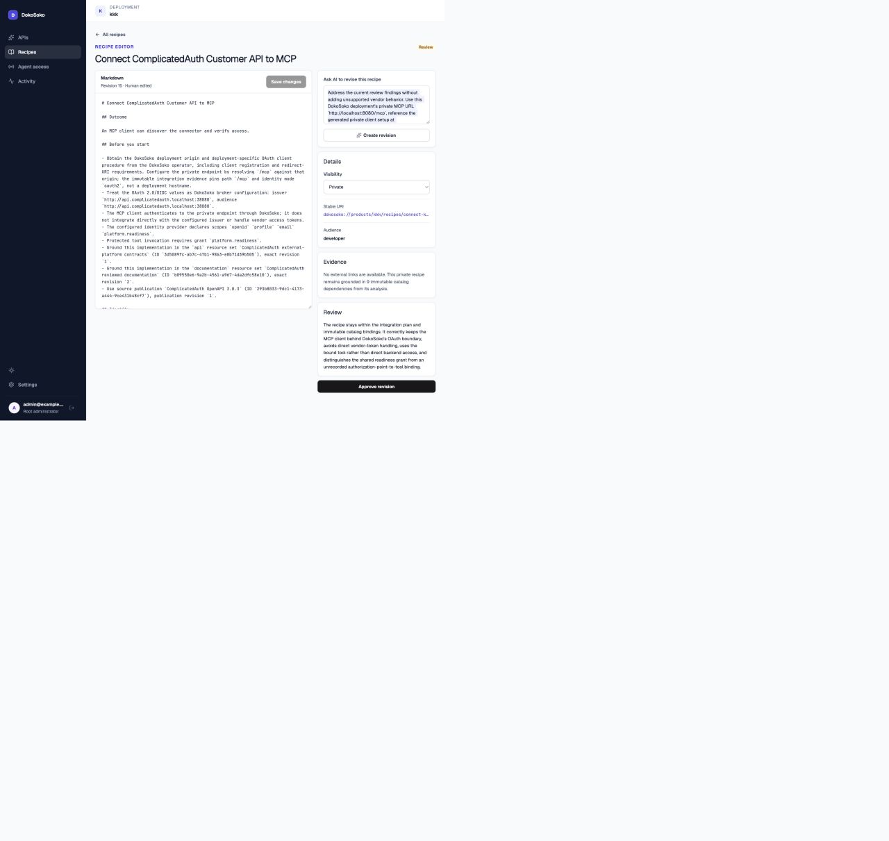 DokoSoko human review screen for revision 15 of the ComplicatedAuth Private MCP recipe