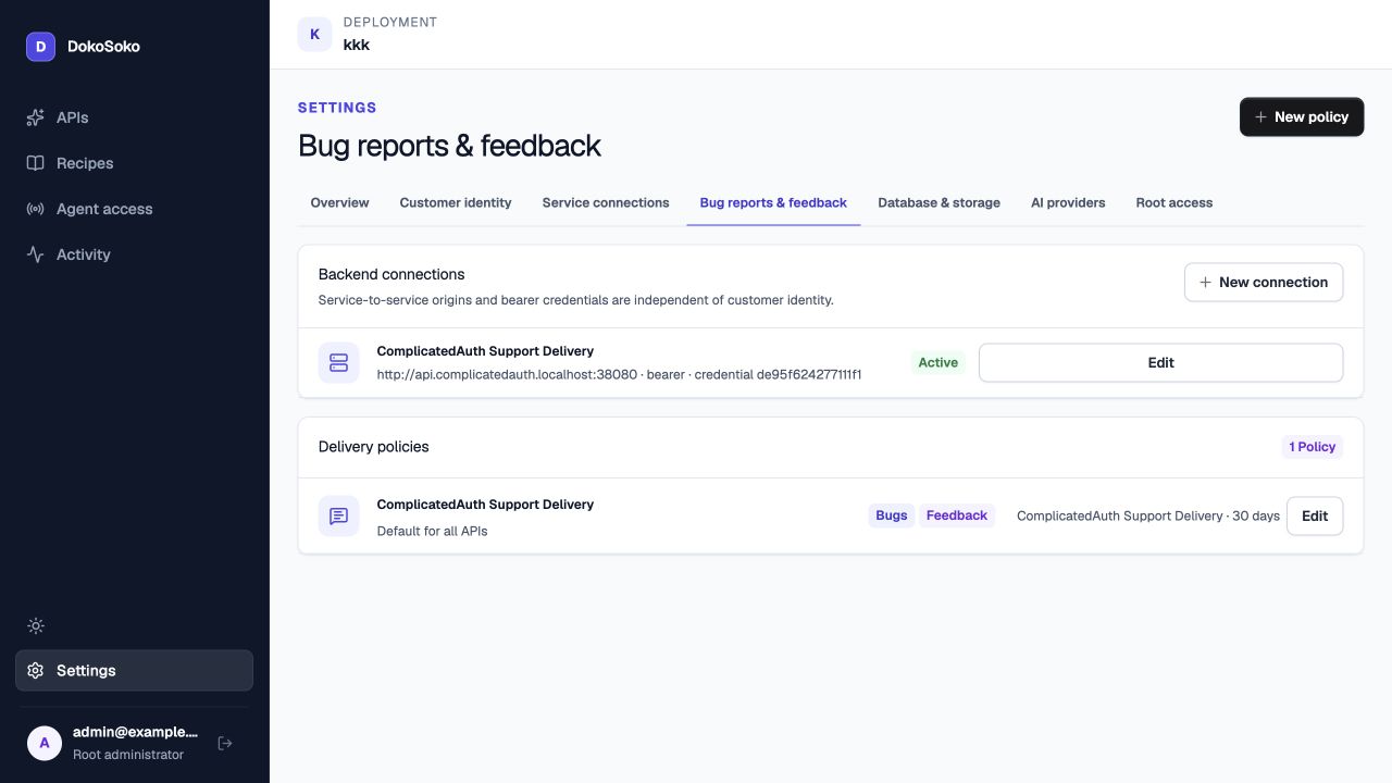 DokoSoko active ComplicatedAuth support backend and default 30-day bug and feedback delivery policy