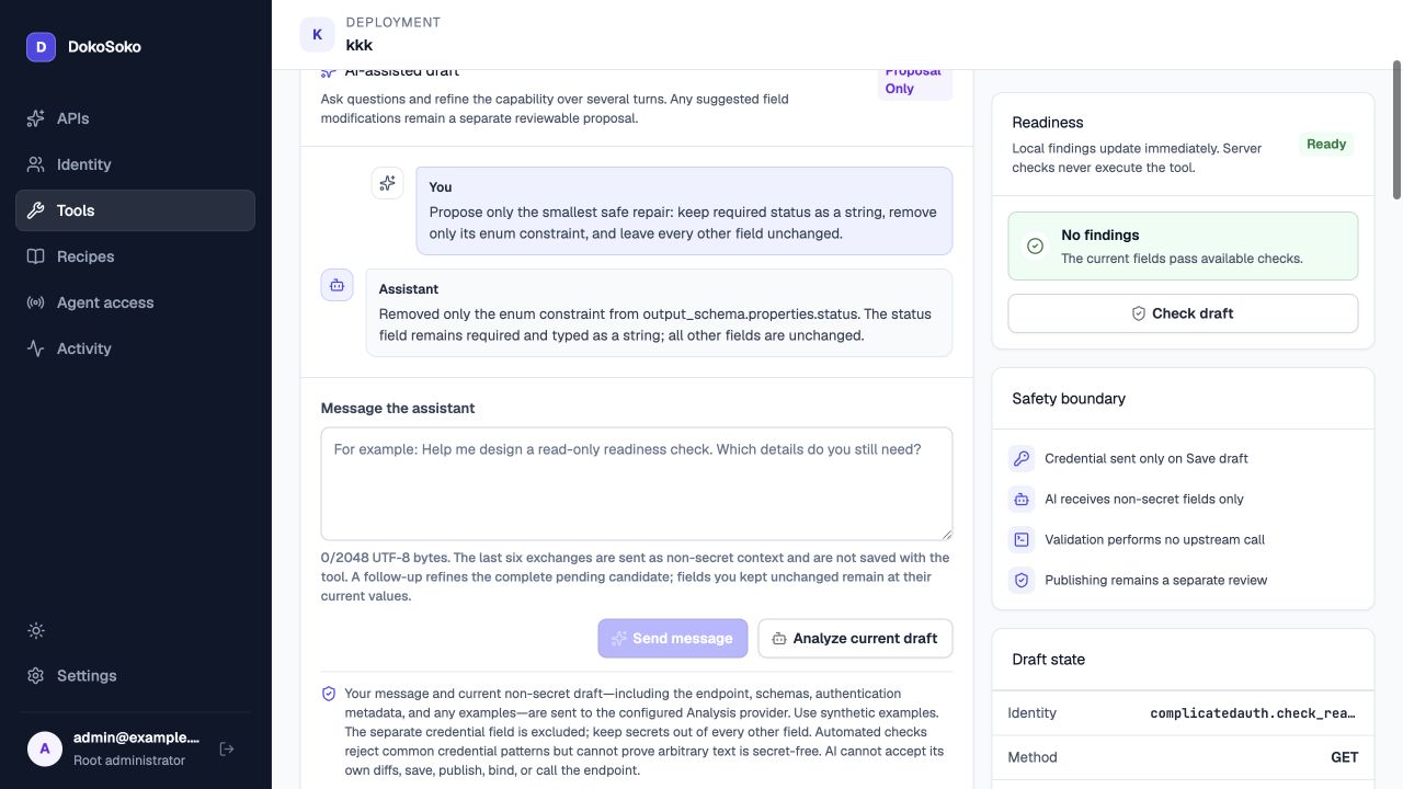 DokoSoko deployment-wide HTTP tool builder AI conversation requesting a minimal output-schema repair