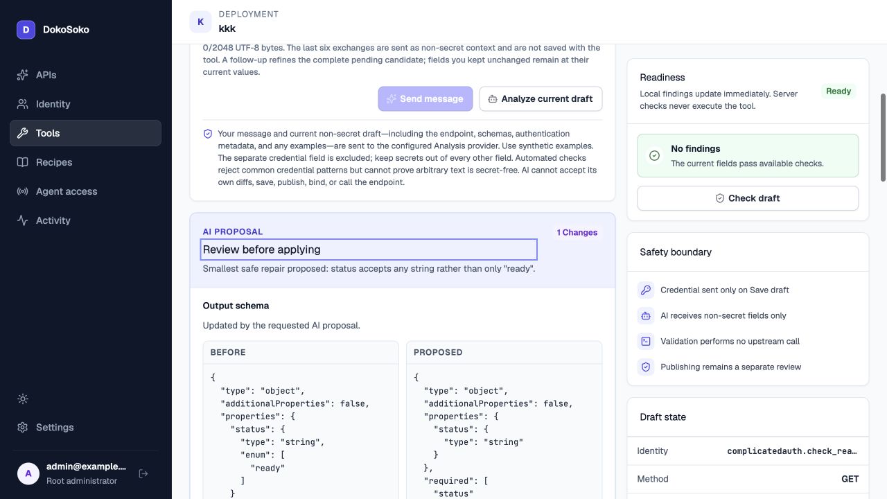 DokoSoko tool builder showing a one-field AI output-schema diff awaiting human acceptance or rejection