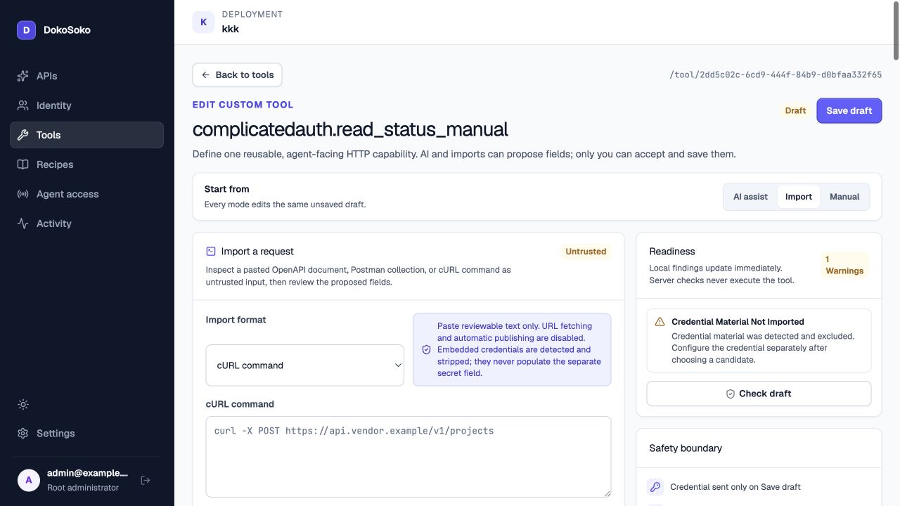 DokoSoko cURL tool import review showing credential material detected and excluded