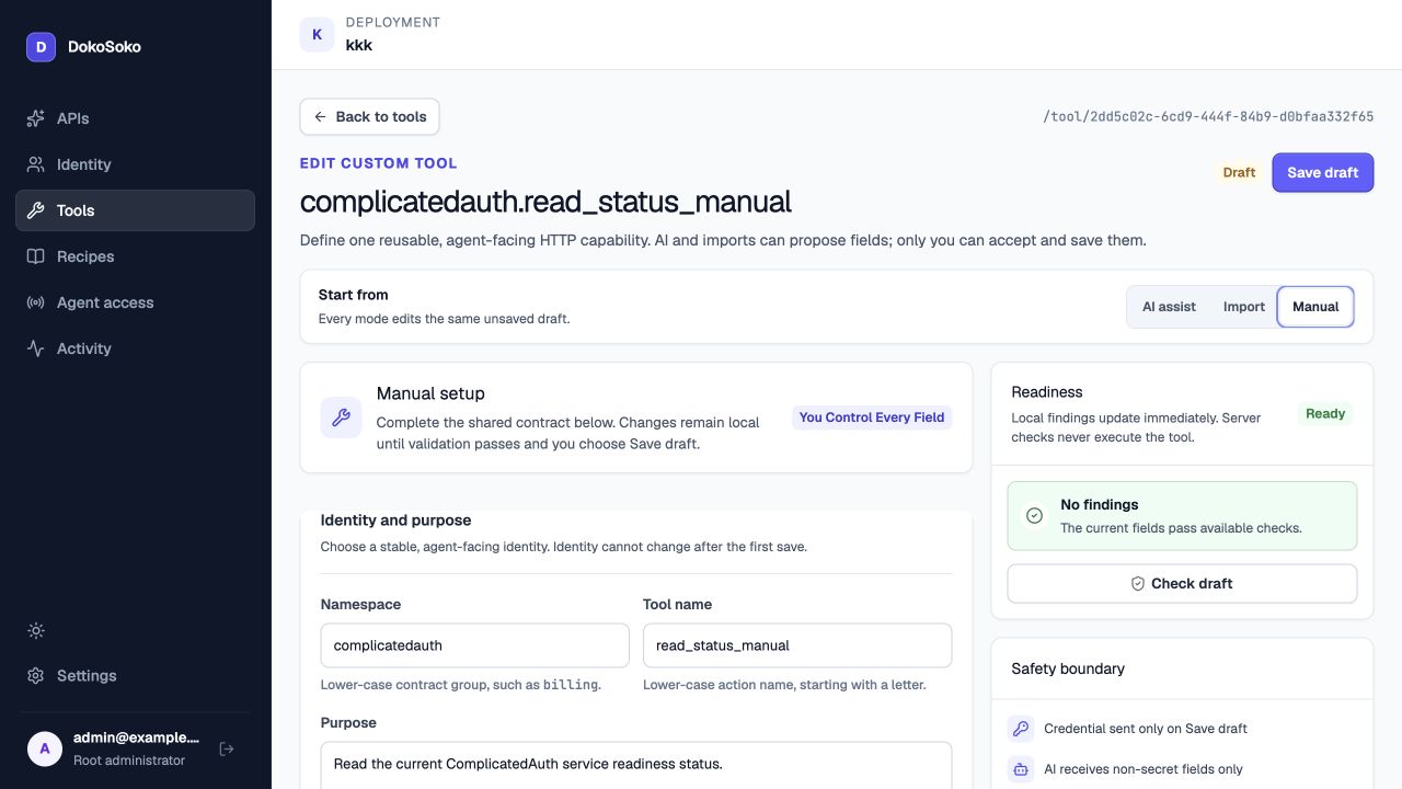 DokoSoko deployment-wide HTTP tool builder in Manual mode editing the common tool draft