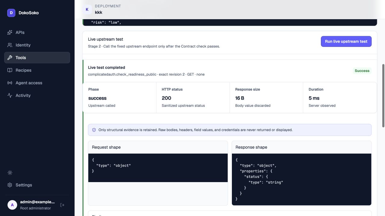 DokoSoko live upstream test succeeding for exact draft revision 2 with HTTP 200 and sanitized structural evidence
