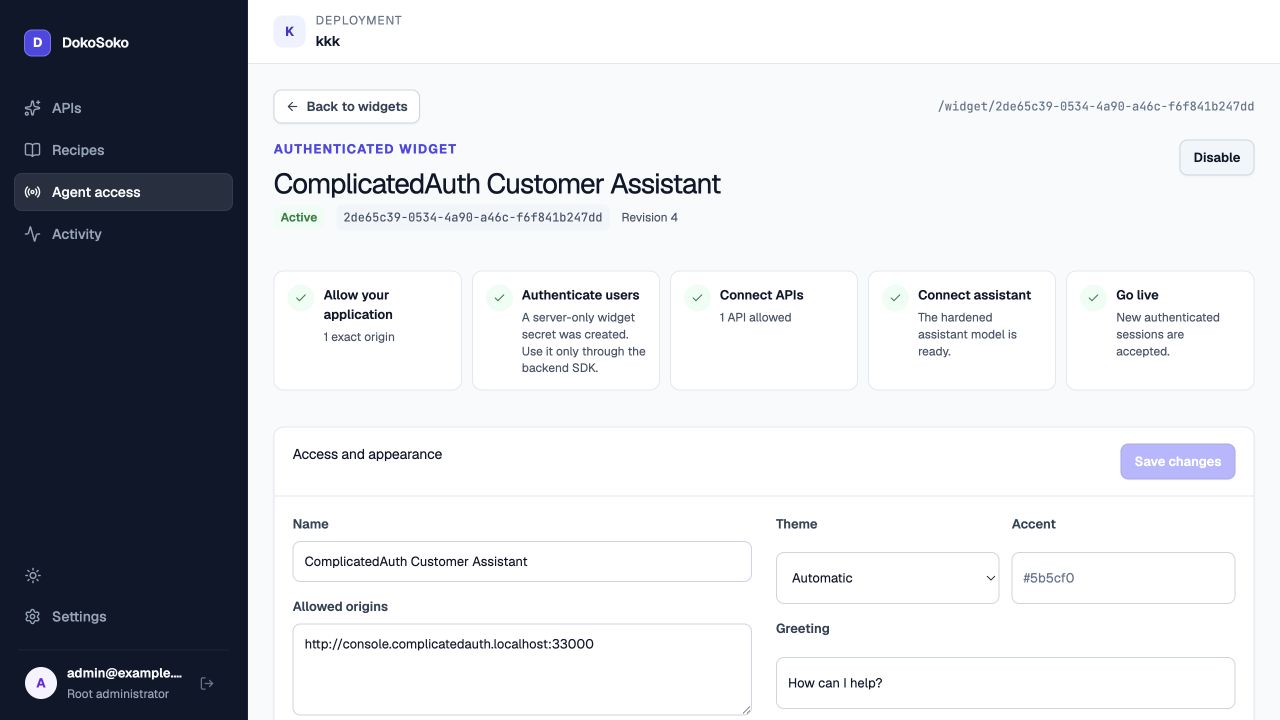 Active DokoSoko ComplicatedAuth Customer Assistant widget revision 4 with one exact ComplicatedAuth console origin