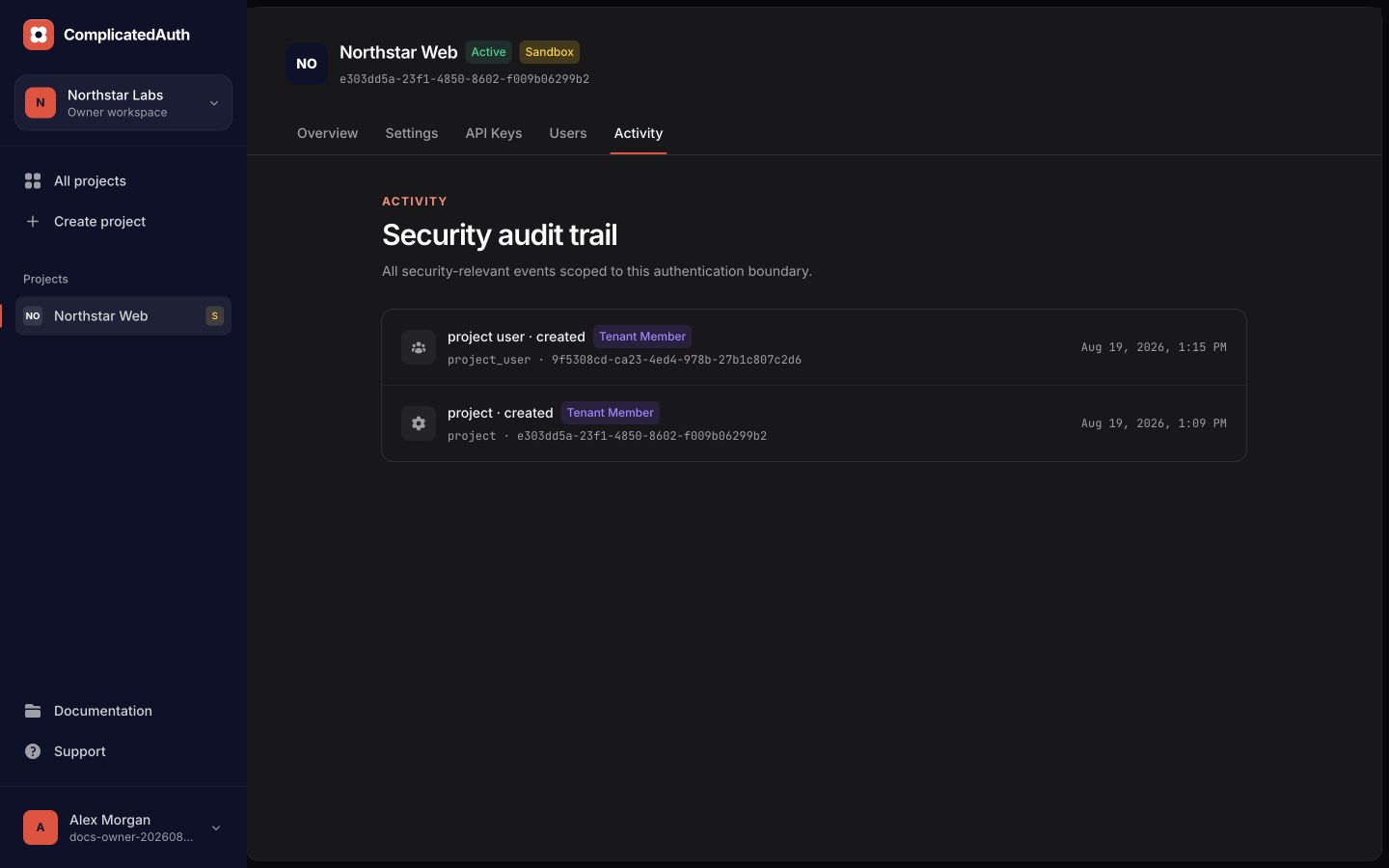 Northstar Web activity section showing synthetic Project and Project User audit events