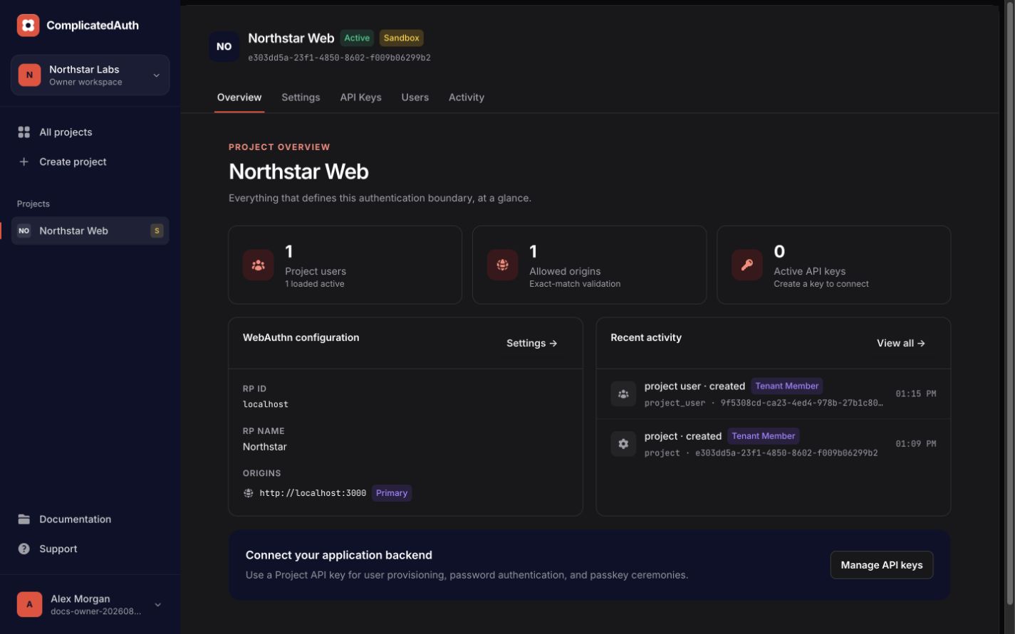 Northstar Web Project overview showing user, origin, service-account, WebAuthn, and activity summaries
