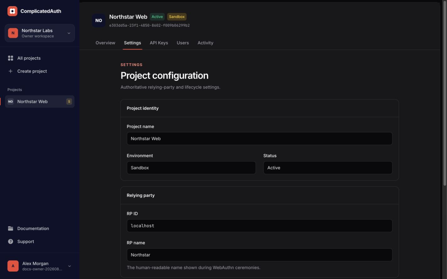 Northstar Web Project settings showing identity, environment, status, and relying-party fields