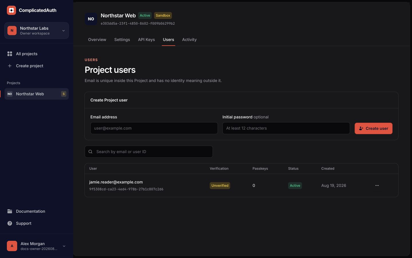 Northstar Web users section listing a synthetic Project User and account state